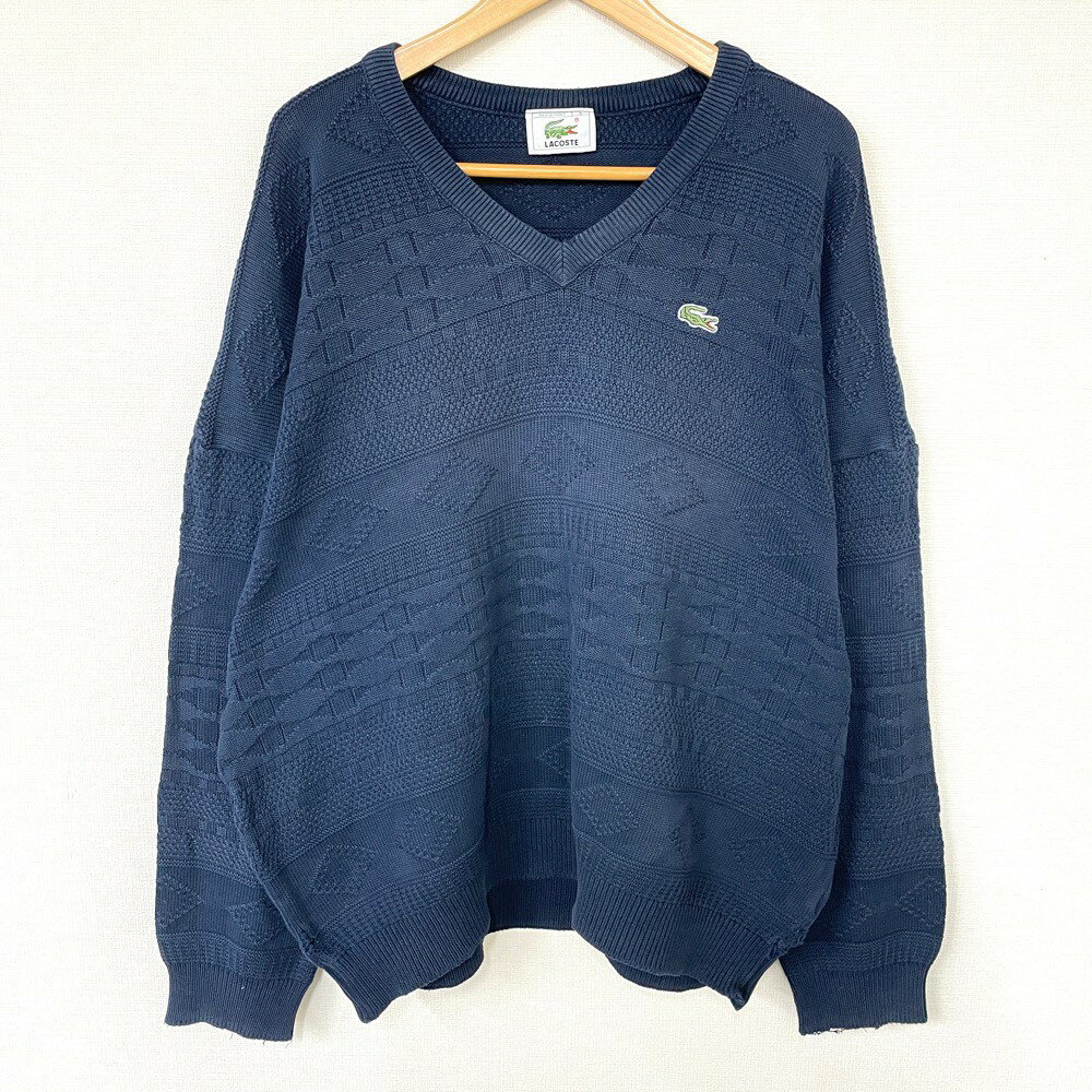 ラコステ LACOSTE 織り柄 コットン ニット セーター Vネック ネイビー サイズ:8 MADE IN FRANCE【古着】 古着 【中古】 中古 mel...
