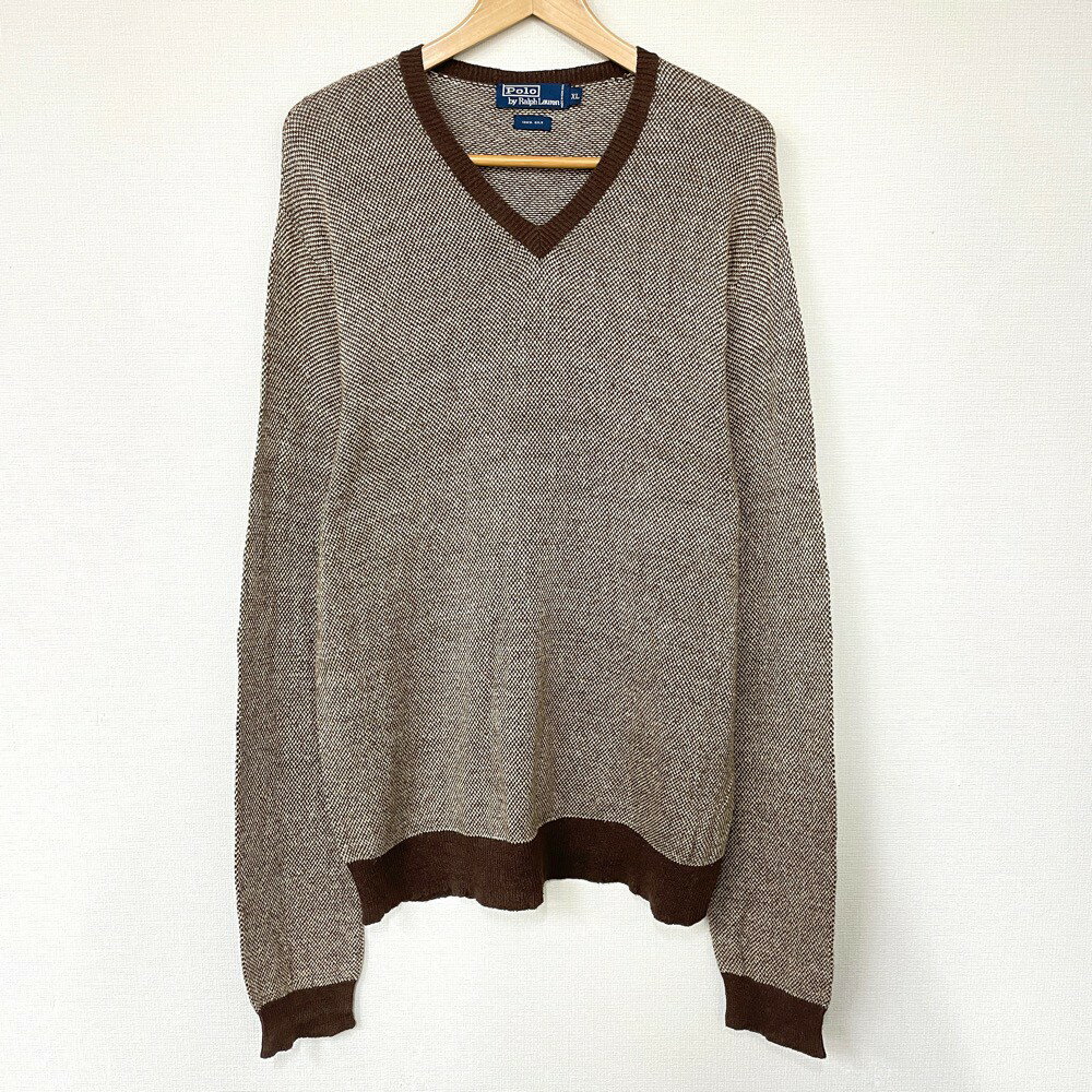 ポロ ラルフローレン Polo by Ralph Lauren シルクニット セーター Vネック 長袖 ミックスカラー サイズ:XL ブラウン×ベージュ 【古着...