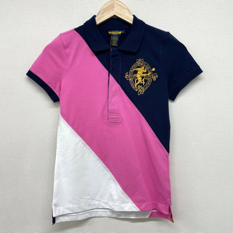 訳あり ラルフローレン ラグビー 鹿の子 ポロシャツ ストレッチ 半袖 キッカー 刺繍 RALPH LAUREN RUGBY サイズ：WOMEN 039 S S レディース ネイビー×ピンク×ホワイト あす楽対応【新品】