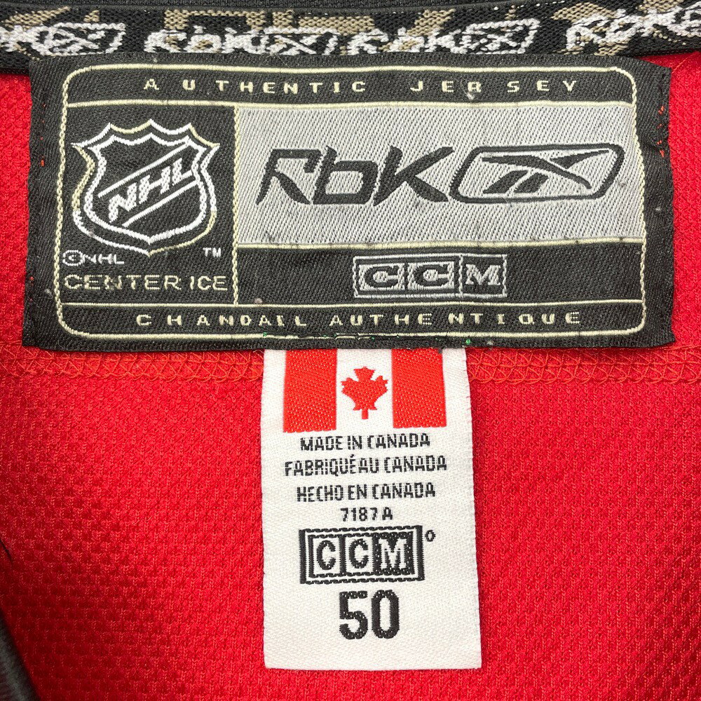 リーボック Reebok CCM NHL Ottawa Senators オタワ セネターズ メッシュ ホッケージャージ ロングスリーブ 長袖 ロゴ ワッペン 刺繍 サイズ：50 レッド×ブラック×ホワイト MADE IN CANADA 【古着】 古着 【中古】 中古 mellow 【あす楽対応】【古着屋mellow楽天市場店】