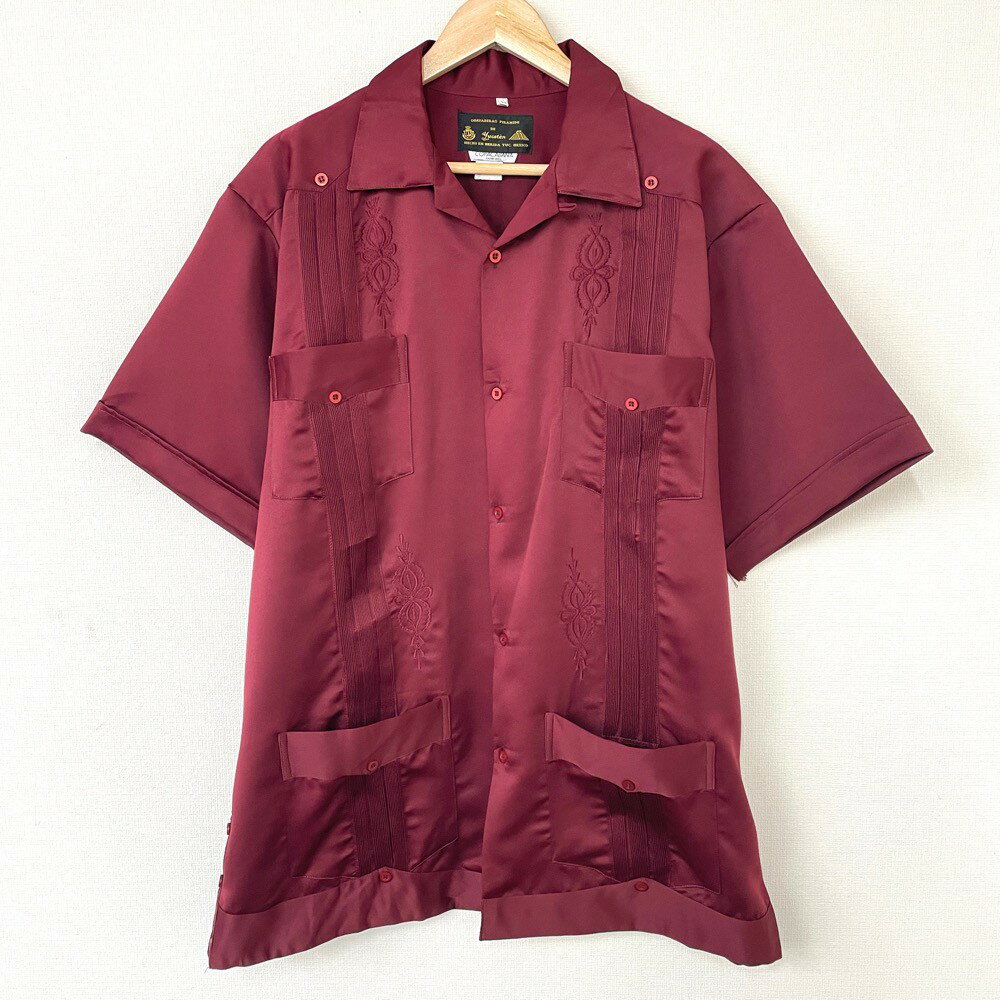 GUAYABERAS PIRAMIDE DE YUCATAN キューバ シャツ 開襟 半袖 刺繍 サイズ：44 エンジ  古着  中古 mellow 