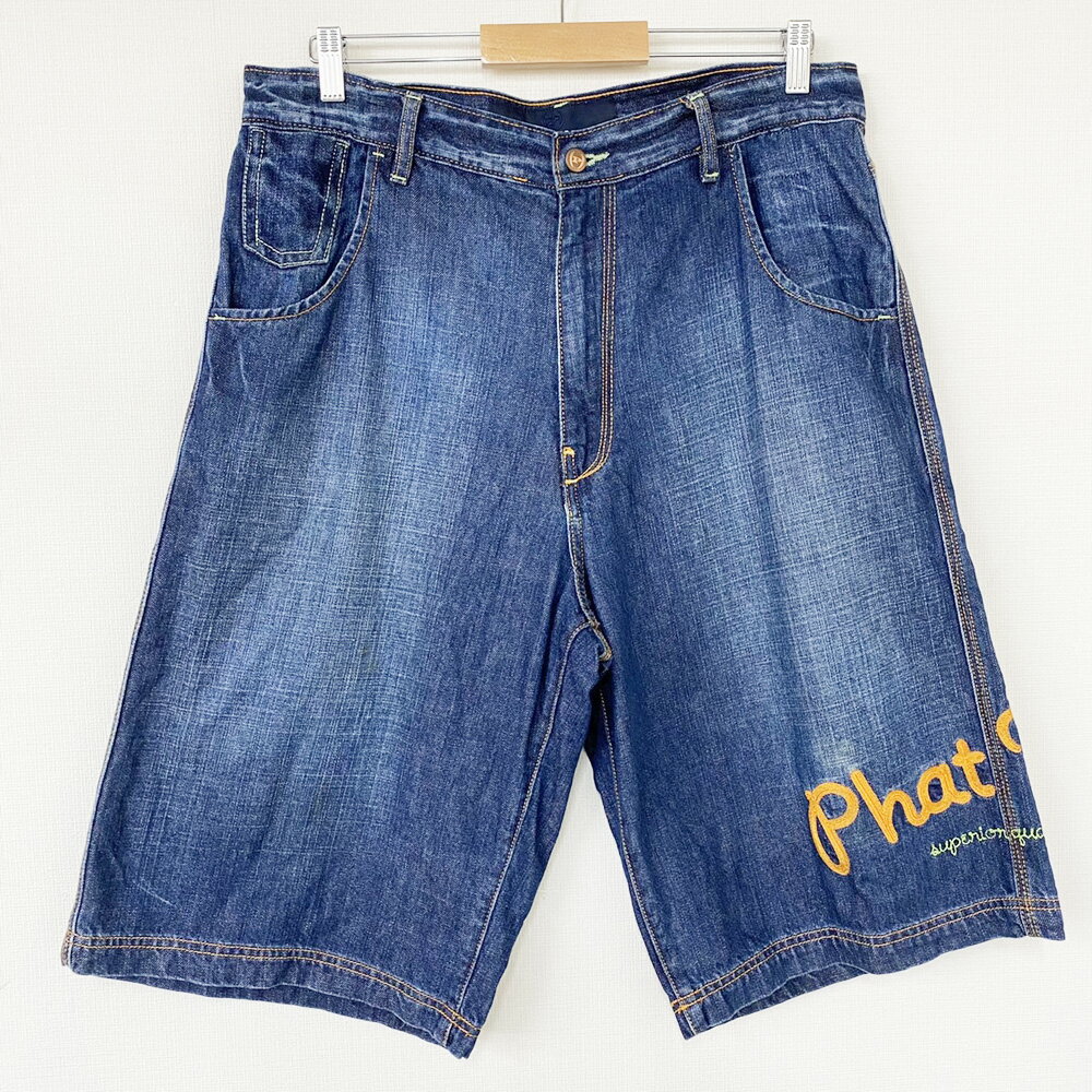 ファットファーム PHAT FARM デニム ショートパンツ チェーンステッチ 刺繍 ワイド バギー 色落ち サイズ：W35 インディゴ【古着】 古着 【中古】 中古 【あす楽対応】 mellow 【古着屋mellow楽天市場店】