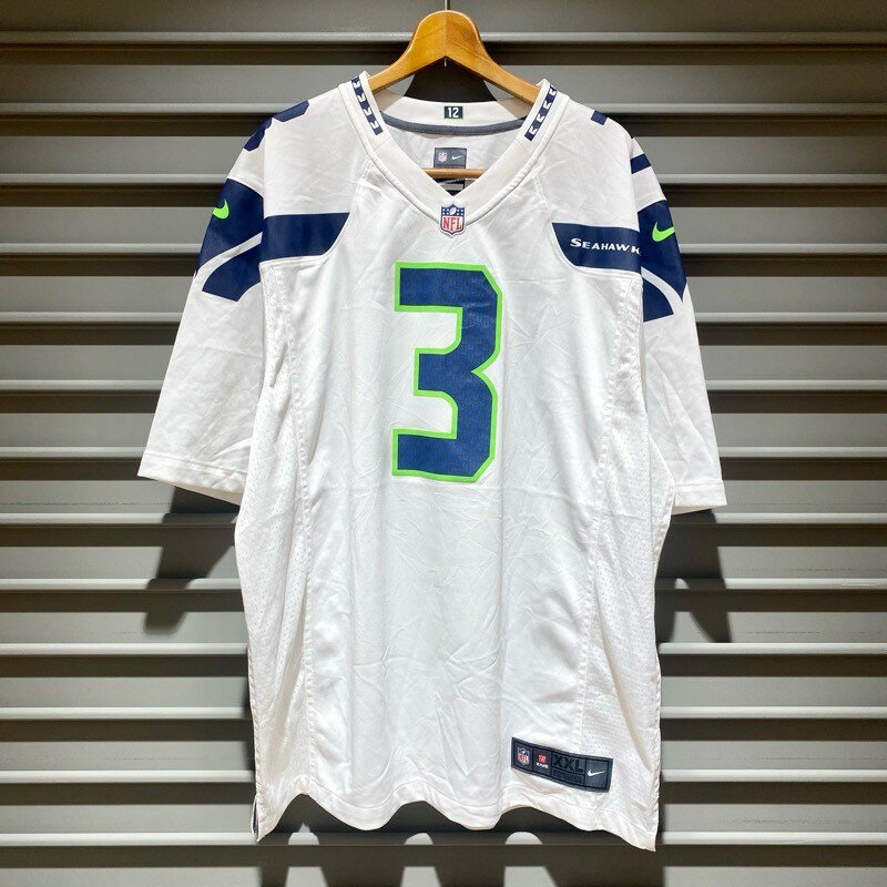 ナイキ NIKE NFL シアトル・シーホークス Seattle Seahawks メッシュ フットボールジャージ 背番号3 Russell Carrington Wilson 半袖 サイズ：メンズ XXL ビッグサイズ ホワイト×ネイビー【中古】