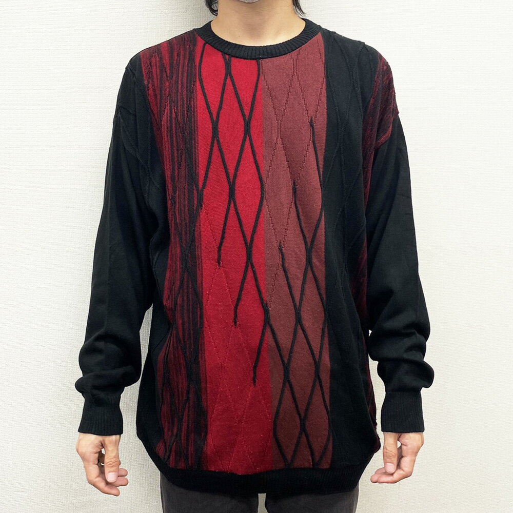 【中古】Protege COLLECTION 3Dニット アクリル セーター ストライプ 長袖 MADE IN U.S.A サイズ:XL レッド×ブラック×エン...