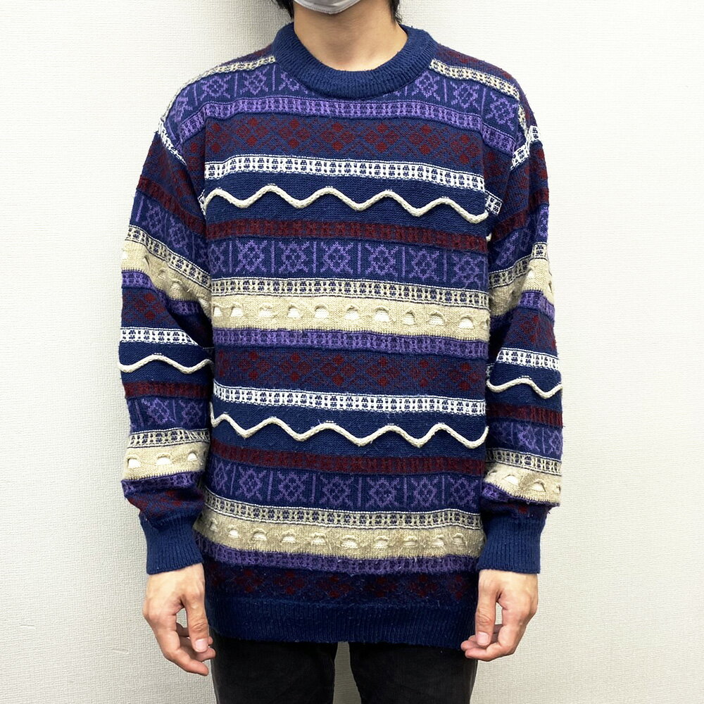 【中古】SIXIEME SENS 総柄 3Dニット セーター ボーダー 長袖 MADE IN FRANCE サイズ:Men's L位 パープル×ベージュ ユーロ...