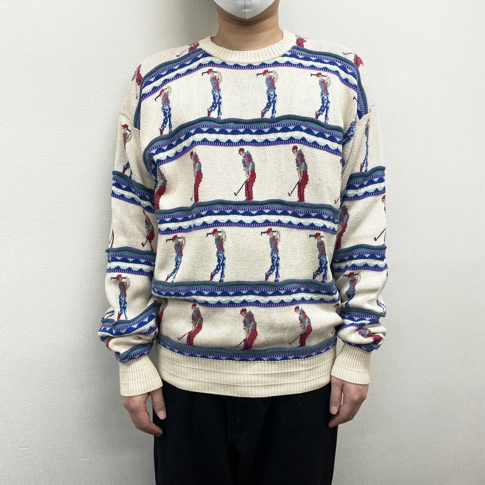 【中古】Tricots St.Raphael 総柄 3Dニット セーター ゴルフ柄 ボーダー 長袖 MADE IN U.S.A サイズ:XL オフホワイト×パー...