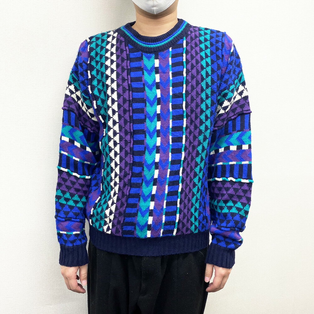 【中古】ライトニングボルト LIGHTNING BOLT 総柄 3Dニット アクリル セーター 長袖 サイズ:L ネイビー×ブルー×グリーン×パープル 古着 中...