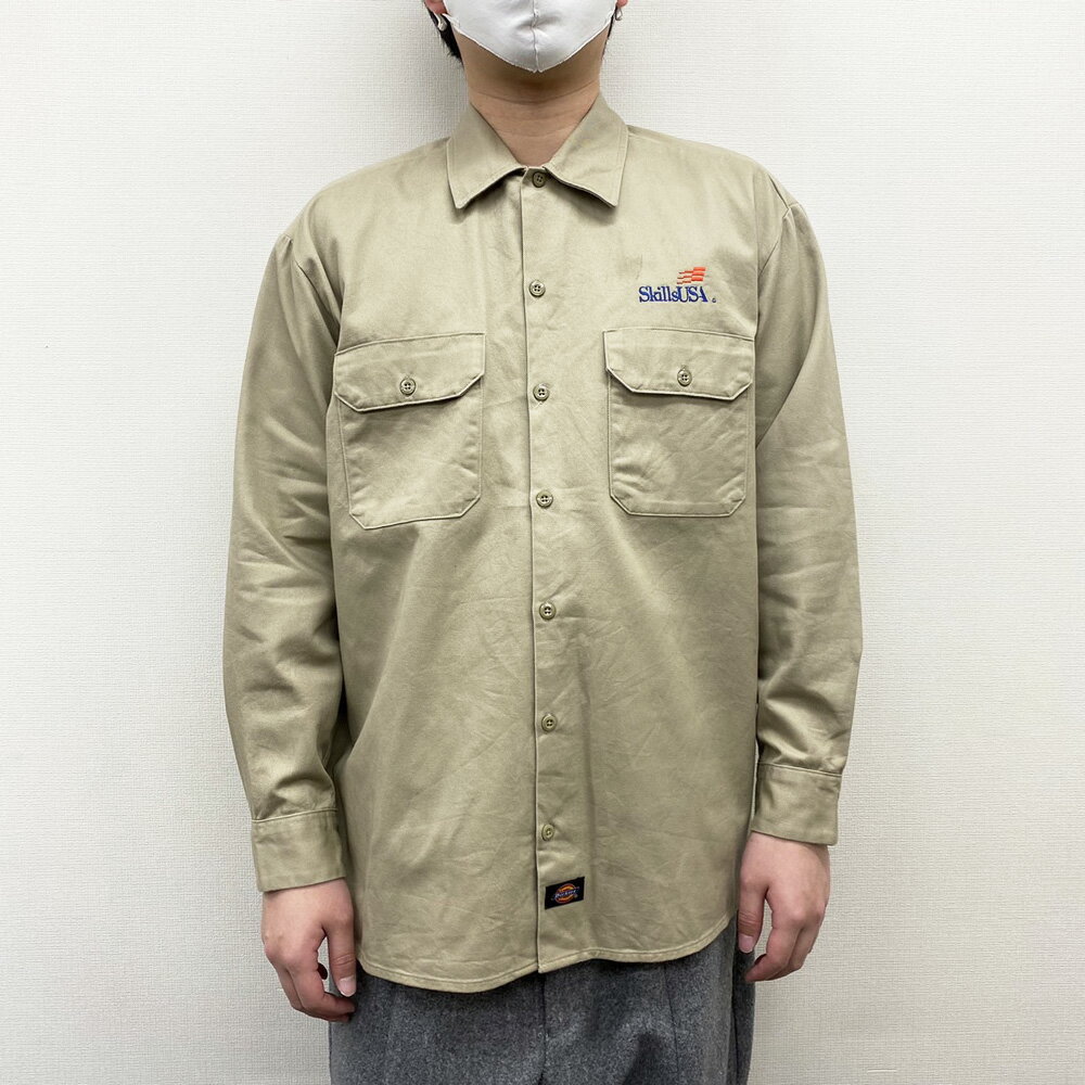 【30％オフ★お得なクーポンあり】【中古】 ディッキーズ Dickies ワーク シャツ コットンツイル SkillsUSA 企業 ロゴ 刺繍 ロングスリーブ サイズ：L ベージュ 古着 中古 mellow あす楽対応 古着屋mellow楽天市場店