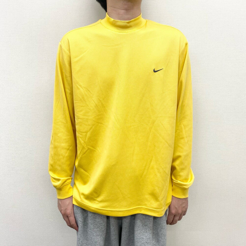 US古着 ナイキ NIKE ロンT メッシュ モックネック ワンポイント ロゴ 刺繍 DRI-FIT 長袖 Tシャツ サイズ：メンズ XL ビッグサイズ イエロー あす楽対応【中古】