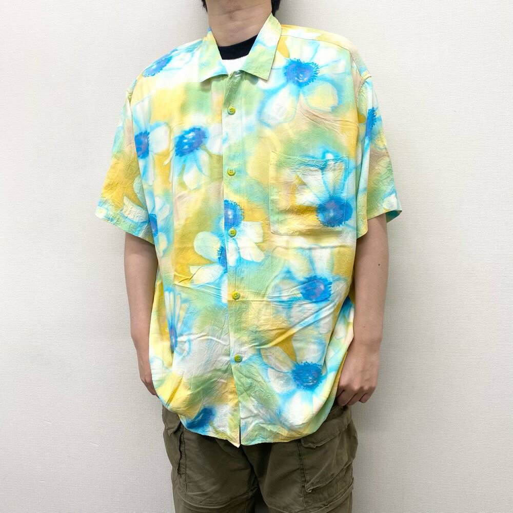 US古着 ハワイ製 ジャムズワールド JAMS WORLD レーヨン シャツ アロハシャツ 半袖 総柄 花柄 植物 サイズ：メンズ XL ビッグサイズ ライトグリーン×ライトブルー×イエロー 【中古】