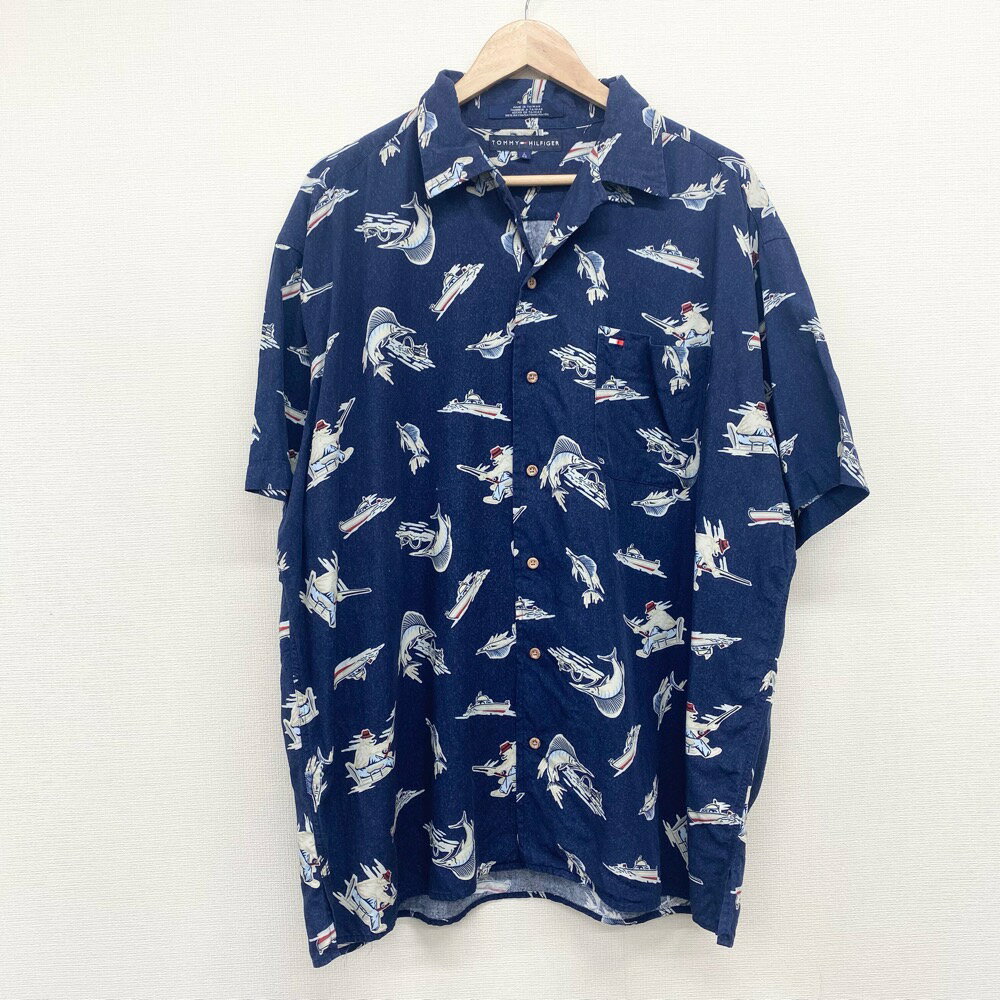 古着 TOMMY HILFIGER ハワイアンシャツ レーヨンシャツ オープンカラー 半袖 総柄 釣り 魚 ワンポイント ロゴ 刺繍 メール便対応