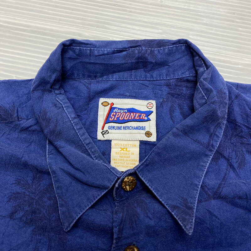 レインスプーナー Reyn spooner アロハシャツ 半袖 MLB タンパベイ・レイズ 総柄 ヤシの木柄 刺繍 サイズ：XL ブルー×ネイビー 【古着】 古着 【中古】 中古 mellow 【古着屋mellow楽天市場店】