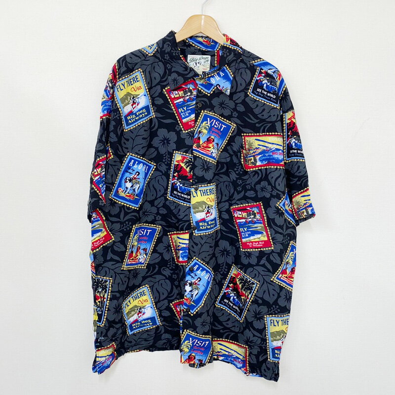 ビッグドッグス BIG DOGS アロハシャツ レーヨン ハイビスカス 総柄 半袖 サイズ:XL ブラック×ブルー×イエロー×レッド 【古着】 古着 【中古】 ...
