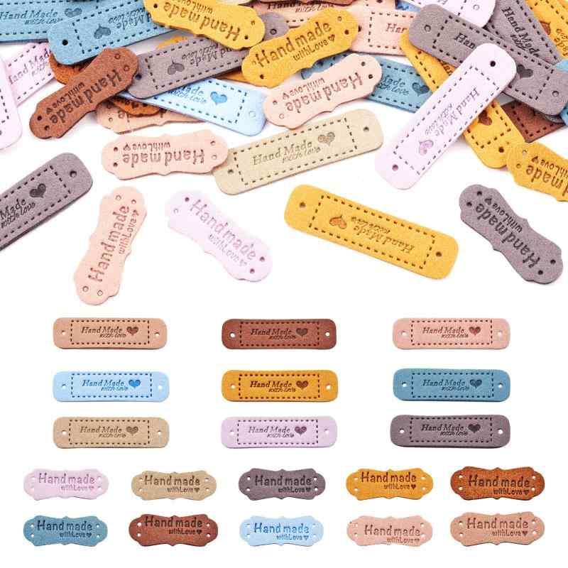 Beadthoven 革タグ レザーのラベル 約76枚セット ミックスカラー 縫製タグ 合皮タグ ハンドメイドタグラベル 穴あき 英文柄 Handmade 刺繍タグ 革ラベル DIY 手作り 衣類 バッグ 帽子 スカーフ 装飾