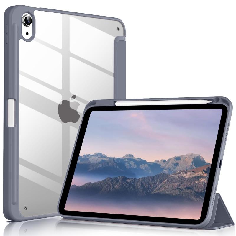 iPad 11世代/第10世代 (A16) ケース 2025/2022対応 11、10.9インチ 透明バックカバー ペンシル収納 三つ折スタンド オートスリープ機能 軽量 薄型 傷つけ防止 TPU PU合成レザー ブルーグレー