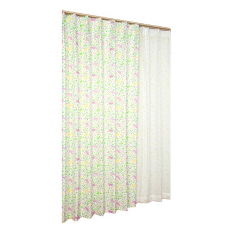 ユニベール ねこ柄ドレープ&ねこ柄レースカーテンセット さんぽだにゃん パープル 幅100×丈178cm 4枚組(3)