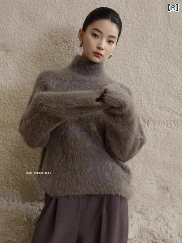 女性用 ハイネック ニットセーター 秋冬 厚手 柔らかい フェイクファー ベルベット...
