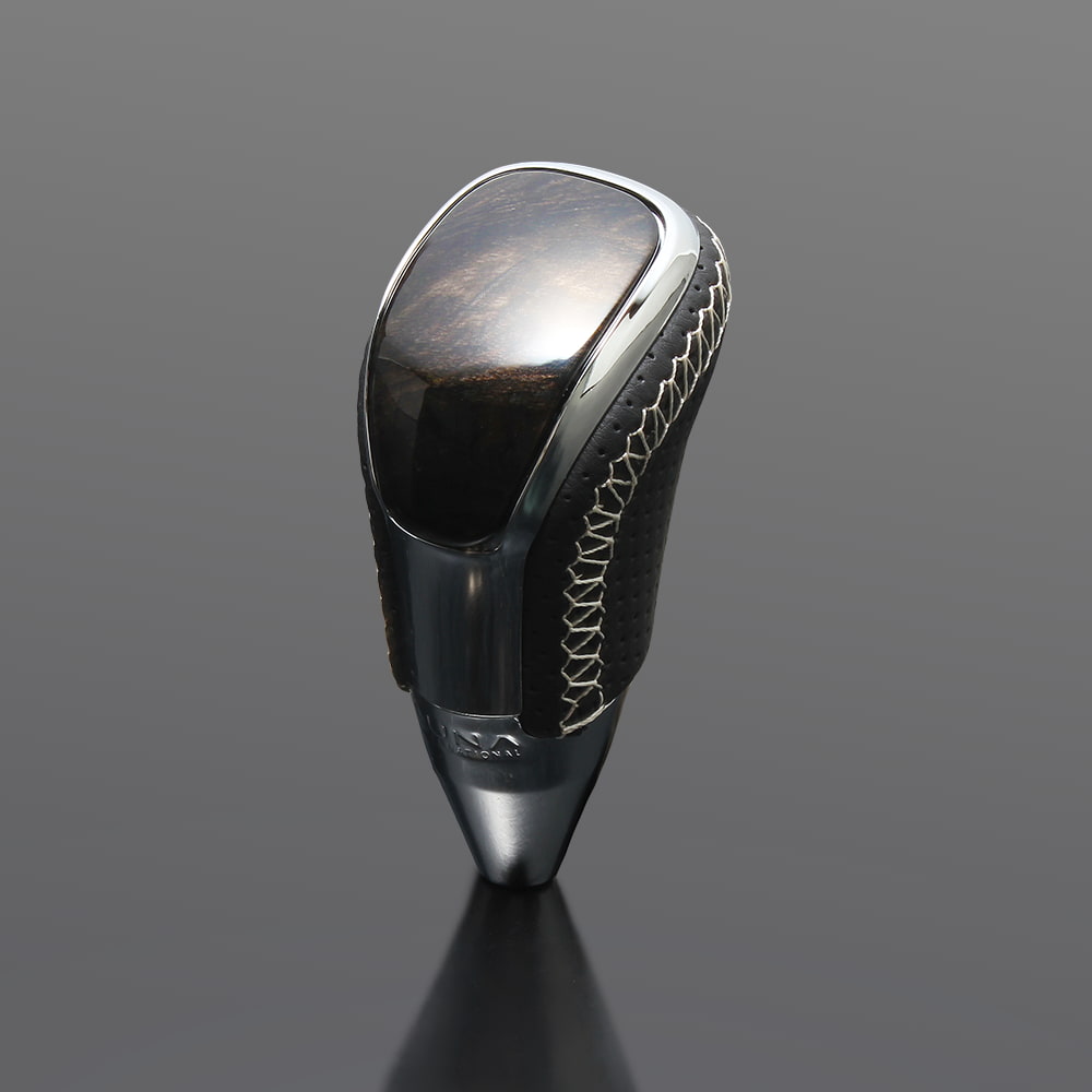 FEGGARI 汎用シフトノブ(SLT268ESIL) マホガニー黒木目 x ダークグレーレザー x シルバーユーロステッチ Vタイプ ロング 適合サイズ:M8...