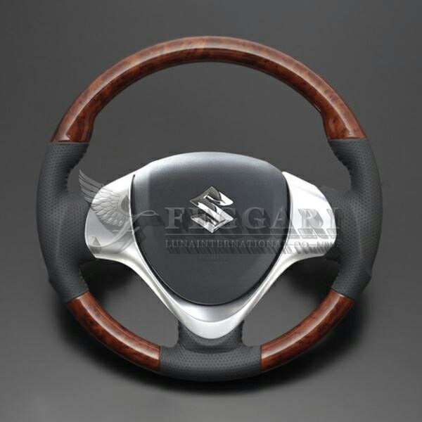ワゴンR/ワゴンR スティングレー MH34/44系 茶木目 x ダークグレー ガングリップ ウッド パンチング本皮調レザーステアリング 高品質 / フェガーリ FEGGARI LUNA