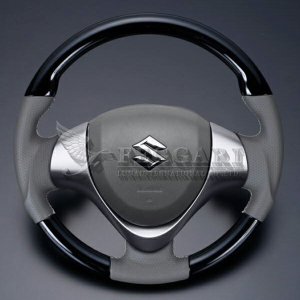 ワゴンR/ワゴンR スティングレー MH34/44系 ピアノブラック x ベージュグレー ガングリップ ウッド パンチング本皮調レザーステアリング 高品質 / フェガーリ FEGGARI LUNA
