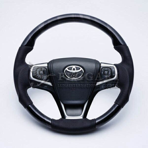 ノア・ヴォクシー・エスクァイア 80系(ZWR80G/ZRR80W/80G/85W/85G) 黒木目幾何学柄 x ダークグレー ガングリップ ウッド パンチング本皮調レザーステアリング 高品質 / フェガーリ FEGGARI LUNA