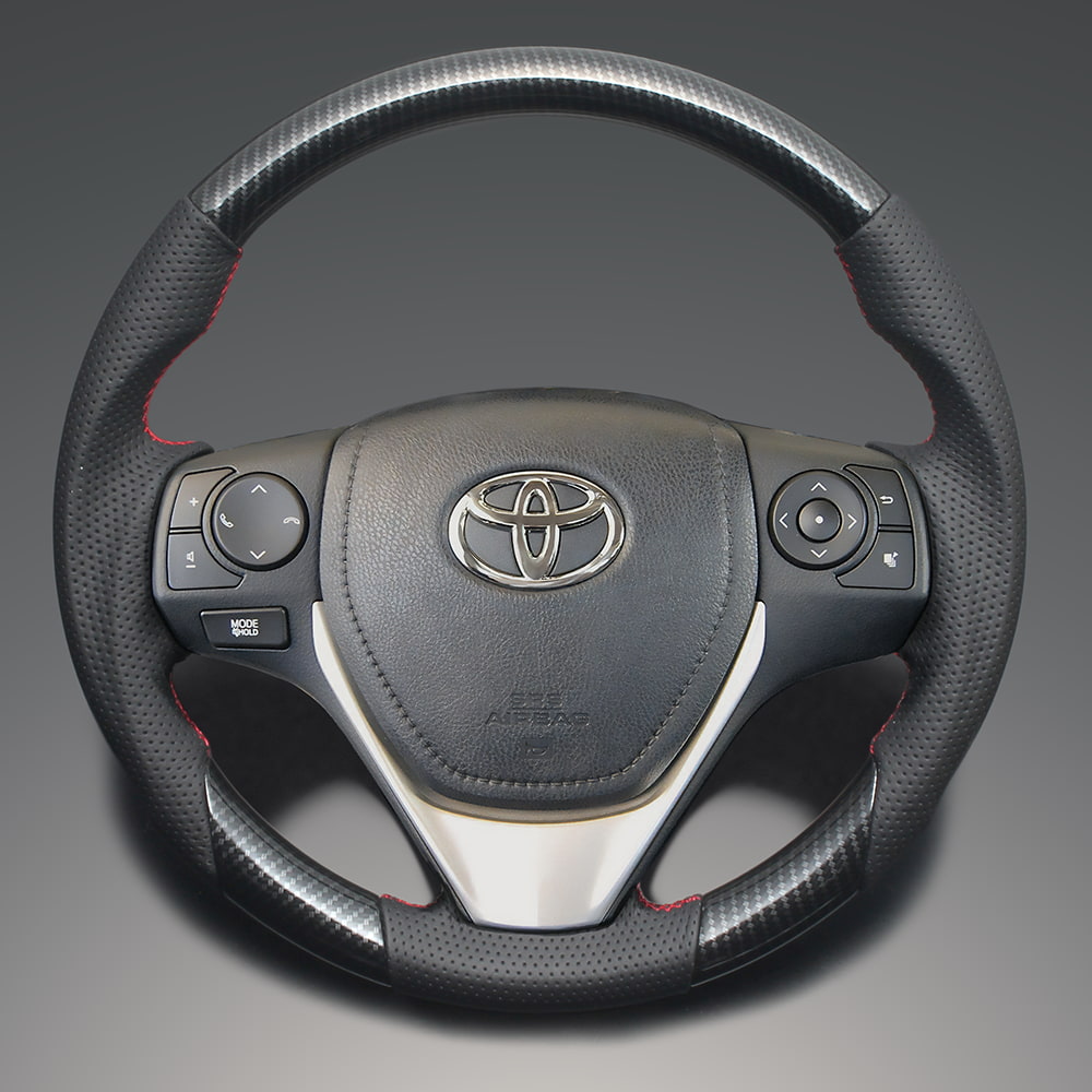 FEGGARI カローラ アクシオ(ハイブリッド含む) 160系(NRE160/NZE161) ウッド＆レザーステアリング(純正交換) ブラックカーボン調 x PVCレザー(ダークグレー) x レッド ユーロステッチ / LS194 フェガーリ