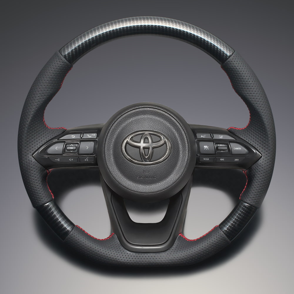 FEGGARI ヤリス(GRヤリス/ヤリスクロス不可) MX10系/KSP210系 ウッド＆レザーステアリング(純正交換) ブラックカーボン調 x PVCレザー(ダークグレー) x レッド ユーロステッチ / LS196 フェガーリ