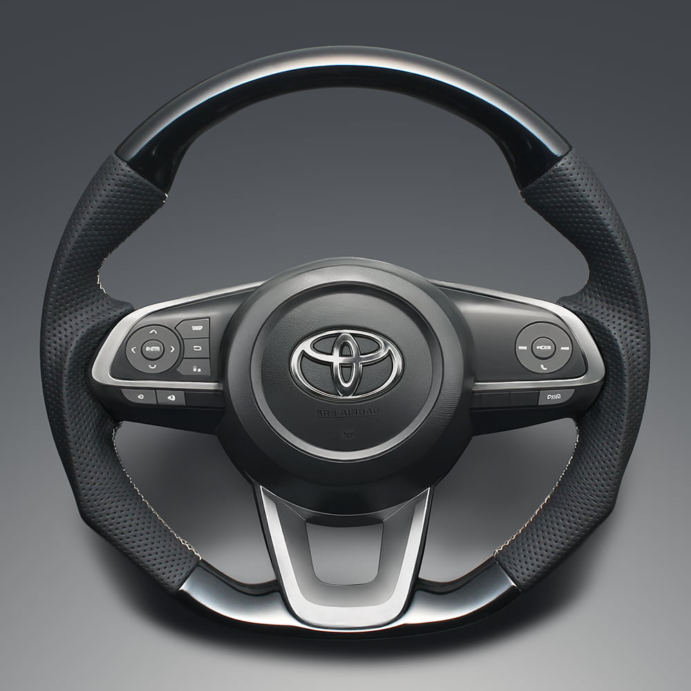 FEGGARI ルーミー 900系(M900A/M910A) 後期 ウッド＆レザーステアリング(純正交換) ピアノブラック x PVCレザー(ダークグレー) x シルバー ユーロステッチ / LS198 フェガーリ