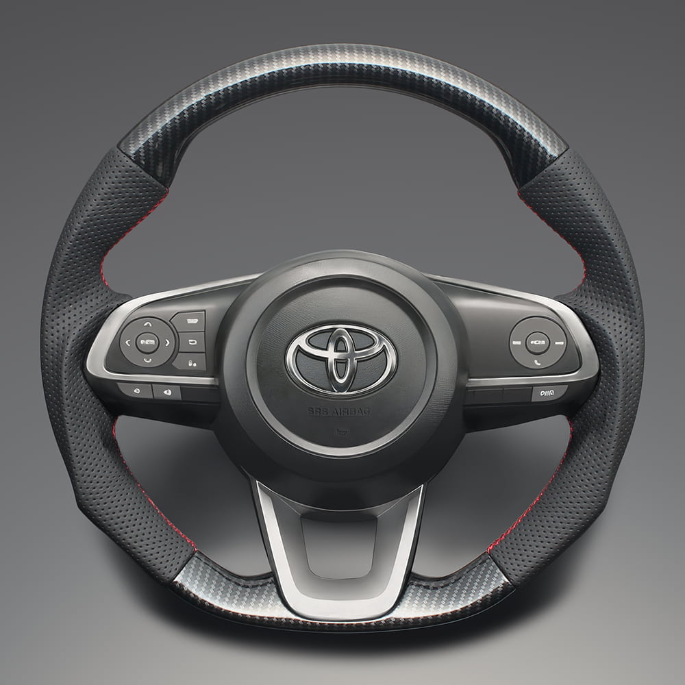 Rakuten - FEGGARI ライズ 200系(A200A/A210A) ウッド＆レザーステアリング(純正交換) ブラックカーボン調 x PVCレザー(ダークグレー) x レッド ユーロステッチ / LS199 フェガーリ