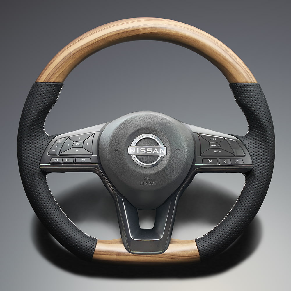 FEGGARI ノート E12 ウッド＆レザーステアリング(純正交換) アッシュブラウン x PVCレザー(ダークグレー) x シルバー ユーロステッチ / LS254 フェガーリ