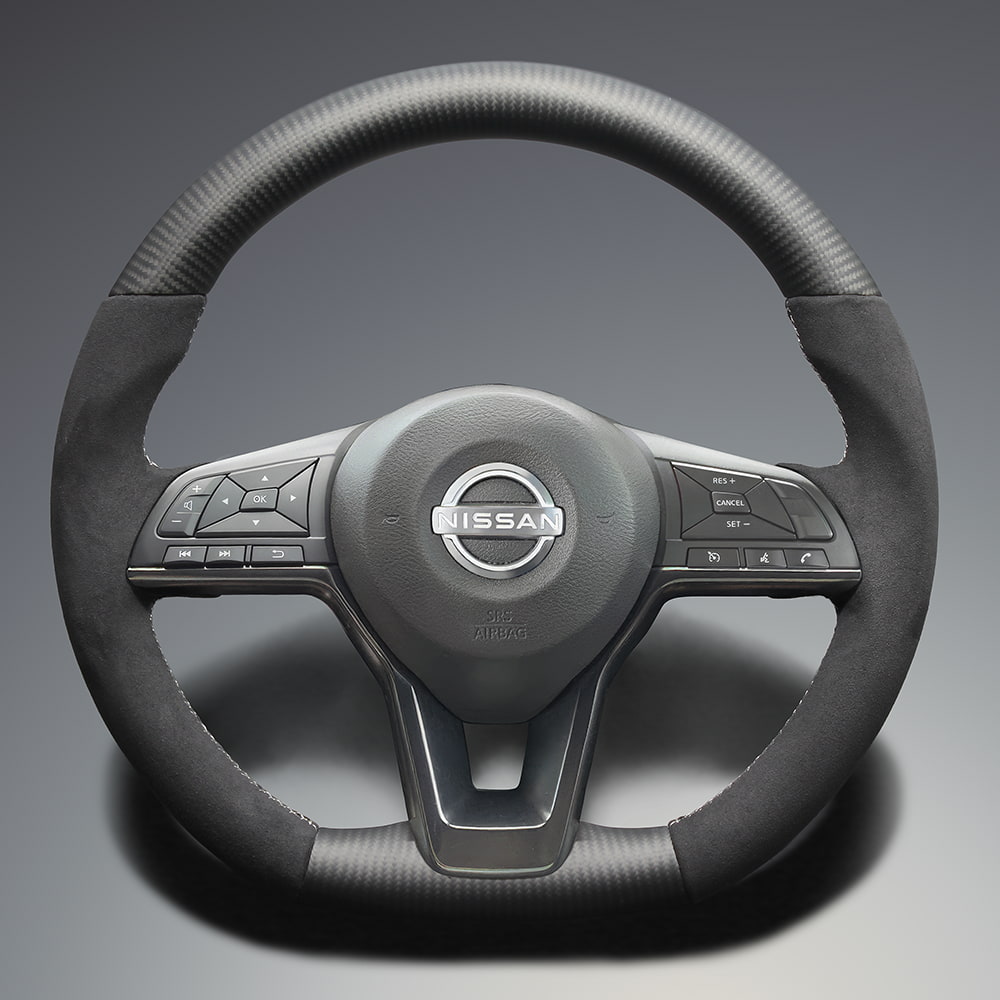 FEGGARI ノート E12 アルカンターラ & リアルカーボン ステアリング(純正交換) マット塗装 シルバー ユーロステッチ / LS258 フェガーリ