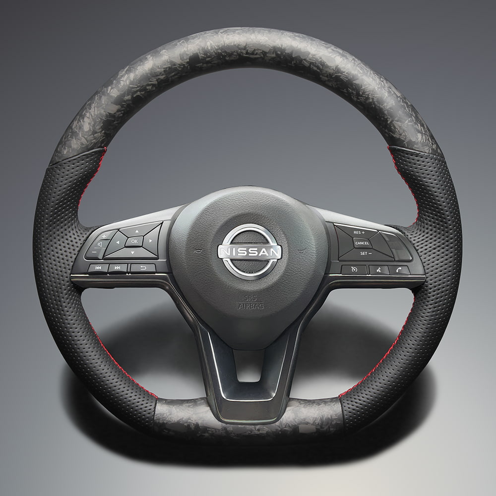 FEGGARI ノート E12 本革 & フォージッドカーボン ステアリング(純正交換) マット塗装 レッド ユーロステッチ / LS259 フェガーリ