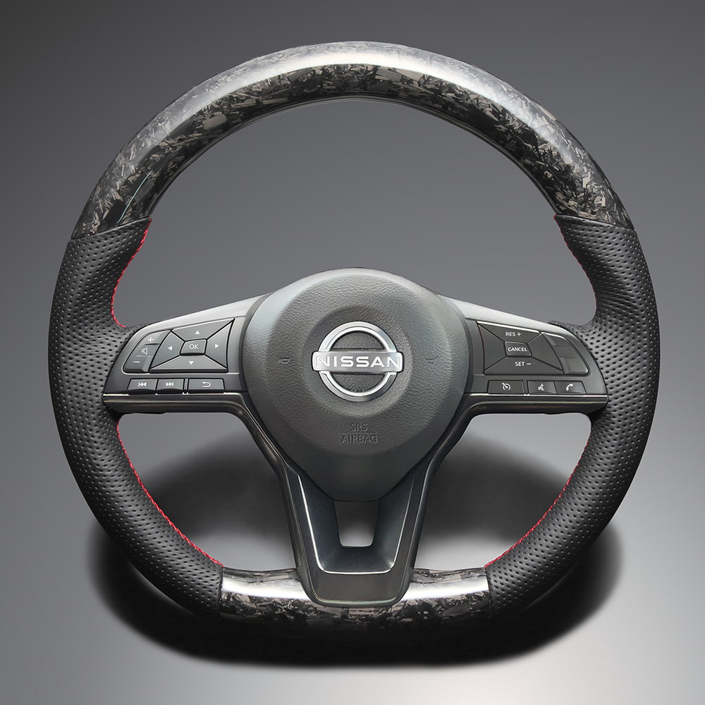 FEGGARI ノート E12 本革 & フォージッドカーボン ステアリング(純正交換) クリア塗装 レッド ユーロステッチ / LS260 フェガーリ