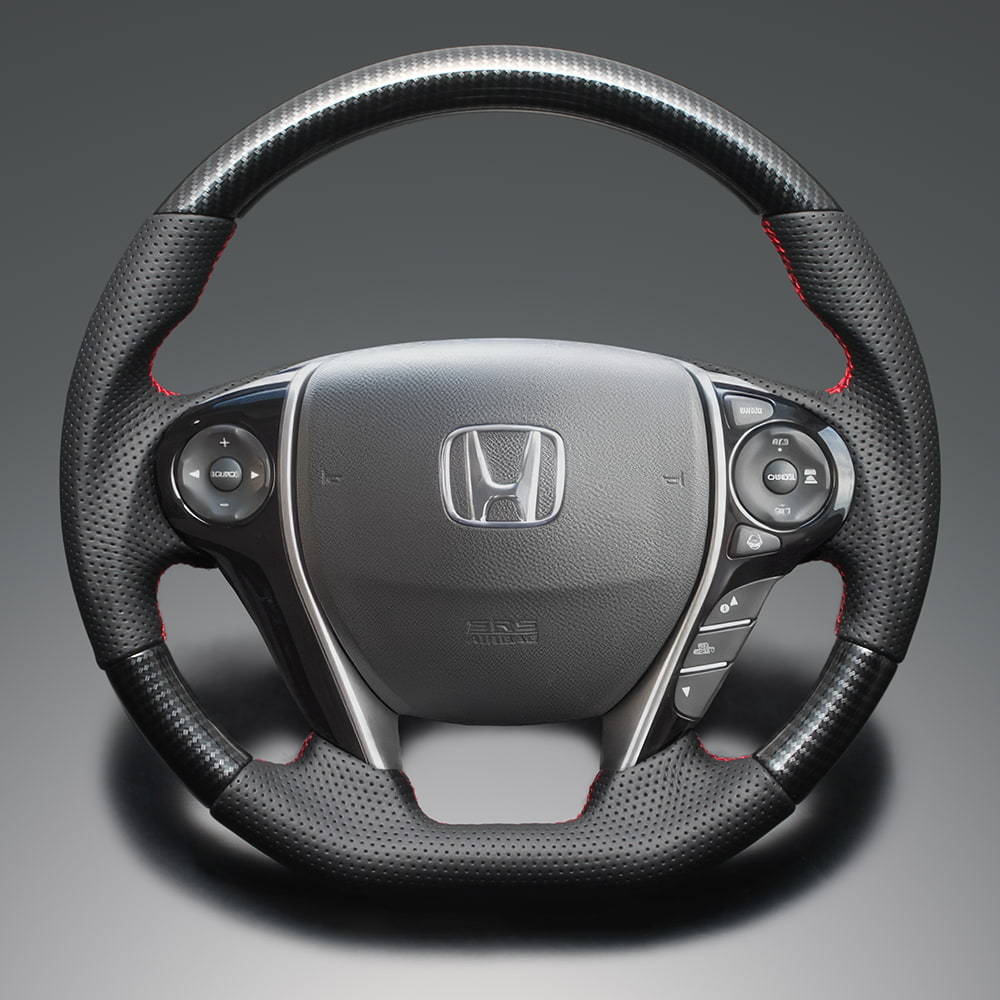 FEGGARI オデッセイ(ハイブリッド含む) RC系(RC1-5) ウッド＆レザーステアリング(純正交換) ブラックカーボン調 x PVCレザー(ダークグレー) x レッド ユーロステッチ / LS262 フェガーリ