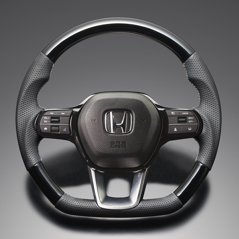 FEGGARI ステップワゴン(パドルシフト対応) RP系(RP6-8) ウッド＆レザーステアリング(純正交換) ピアノブラック x PVCレザー(ダークグレー) x シルバー ユーロステッチ / LS265 フェガーリ