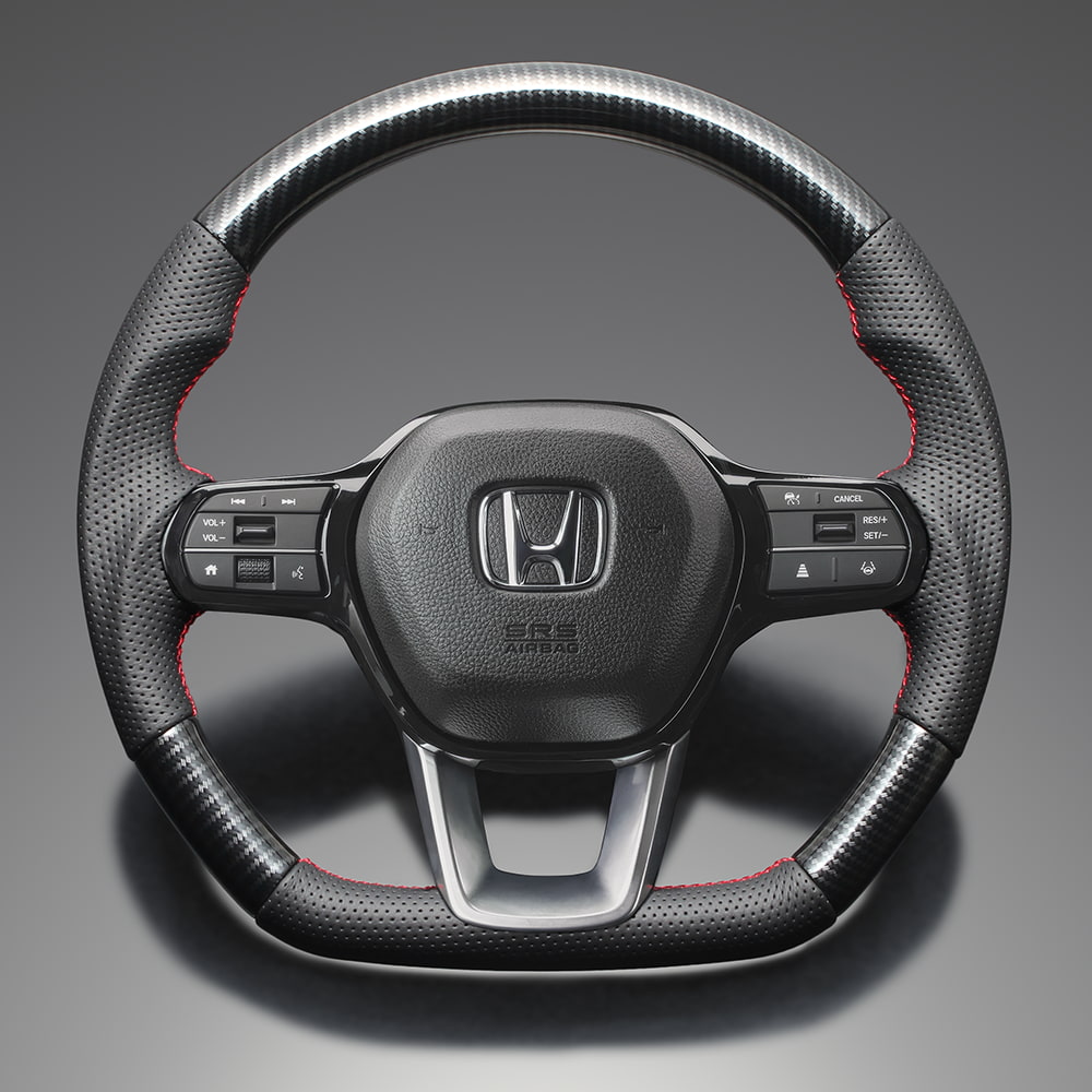 FEGGARI ステップワゴン(パドルシフト対応) RP系(RP6-8) ウッド＆レザーステアリング(純正交換) ブラックカーボン調 x PVCレザー(ダークグレー) x レッド ユーロステッチ / LS266 フェガーリ