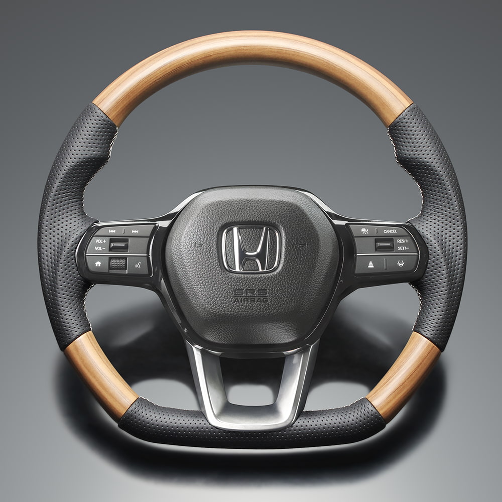 FEGGARI ステップワゴン(パドルシフト対応) RP系(RP6-8) ウッド＆レザーステアリング(純正交換) アッシュブラウン x PVCレザー(ダークグレー) x シルバー ユーロステッチ / LS269 フェガーリ