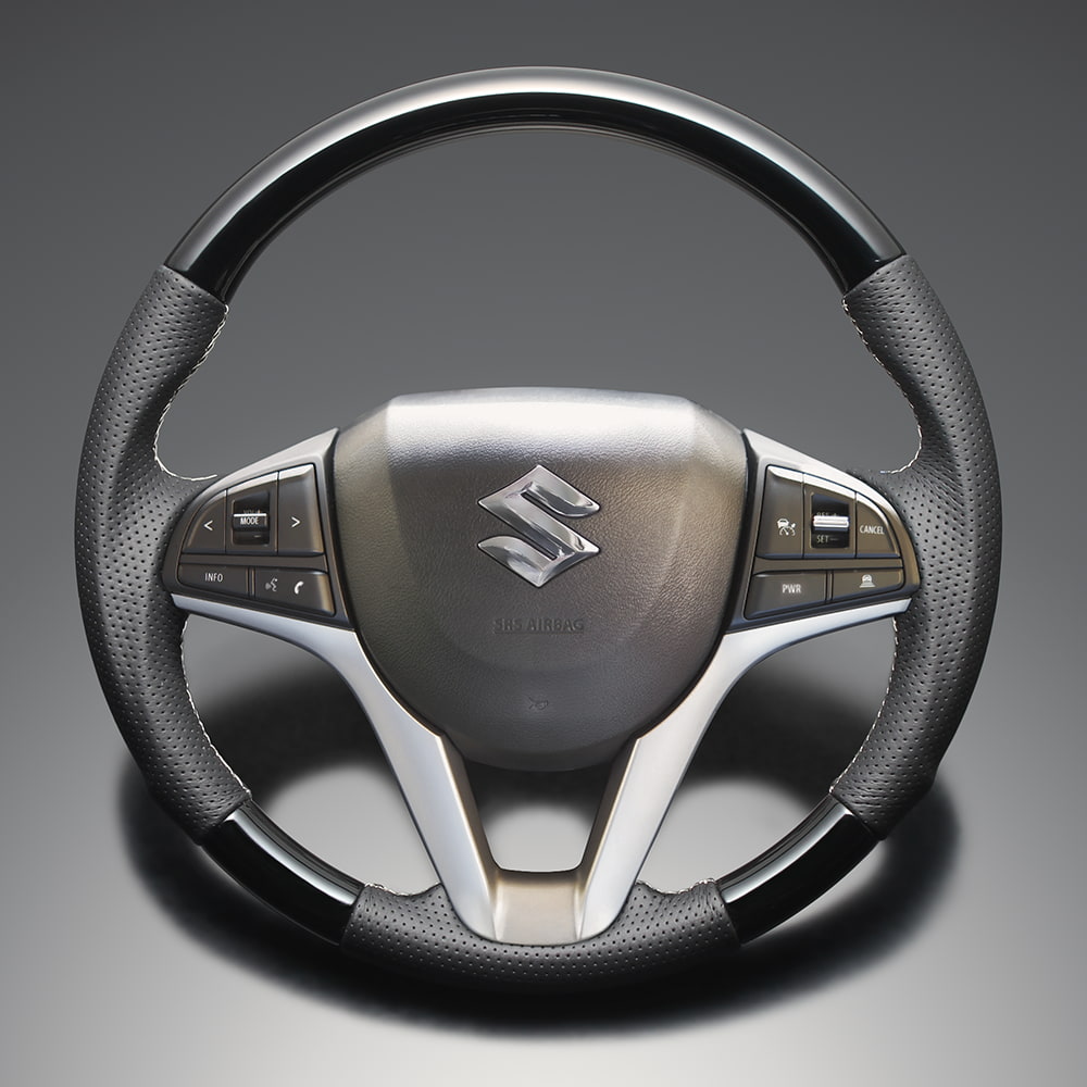 FEGGARI 6代目ワゴンR(スティングレー含む) MH35/55/95S ウッド＆レザーステアリング(純正交換) ピアノブラック x PVCレザー(ダークグレー) x シルバー ユーロステッチ / LS281 フェガーリ