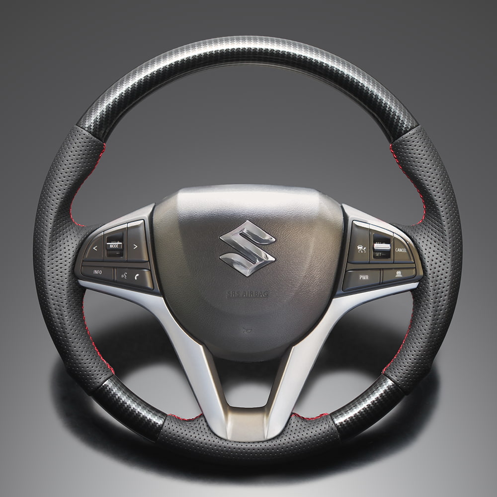 FEGGARI 6代目ワゴンR(スティングレー含む) MH35/55/95S ウッド＆レザーステアリング(純正交換) ブラックカーボン調 x PVCレザー(ダークグレー) x レッド ユーロステッチ / LS282 フェガーリ