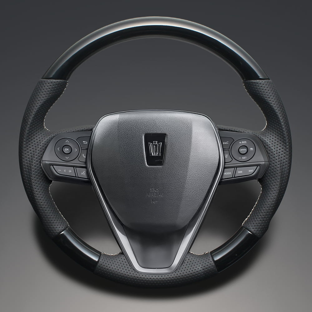 FEGGARI クラウン(ハイブリッド含む) 220系(ARS220) ウッド＆レザーステアリング(純正交換) ブラックカーボン調 x PVCレザー(ダークグレー) x レッド ユーロステッチ / LS187 フェガーリ