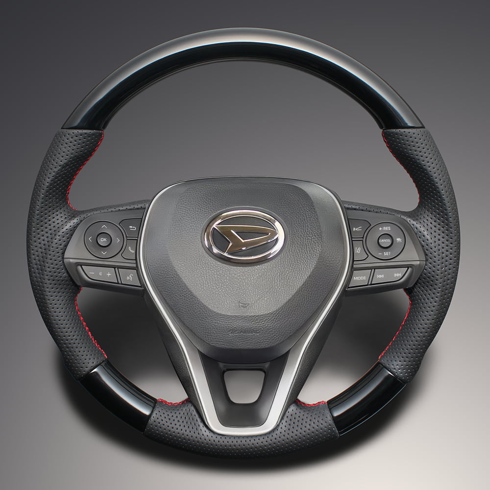 FEGGARI アルティス 70系(AXVH70N/AXVH75N) ウッド＆レザーステアリング(純正交換) ピアノブラック x PVCレザー(ダークグレー) x レッド ユーロステッチ / LS188 フェガーリ