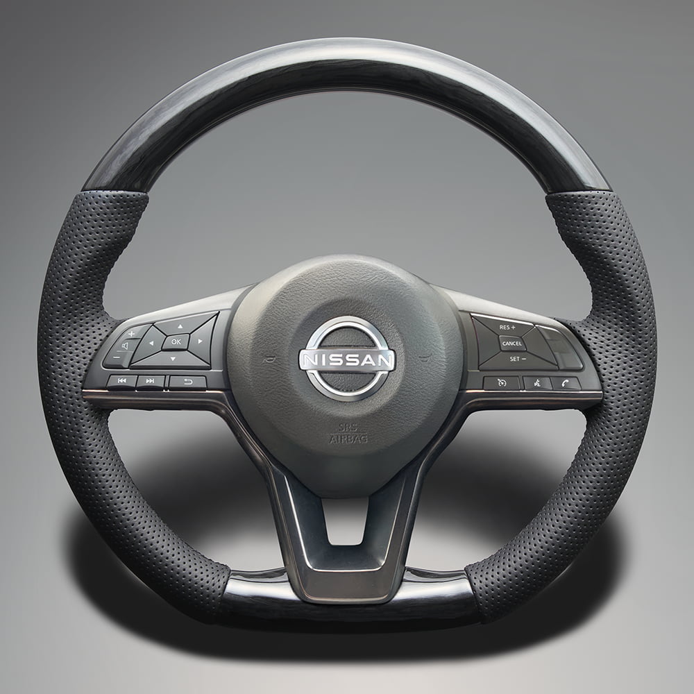 FEGGARI ノート E12 ウッド&レザーステアリング(純正交換) 黒木目 x ダークグレーレザー x ブラックユーロステッチ / LS27BKW フェガーリ