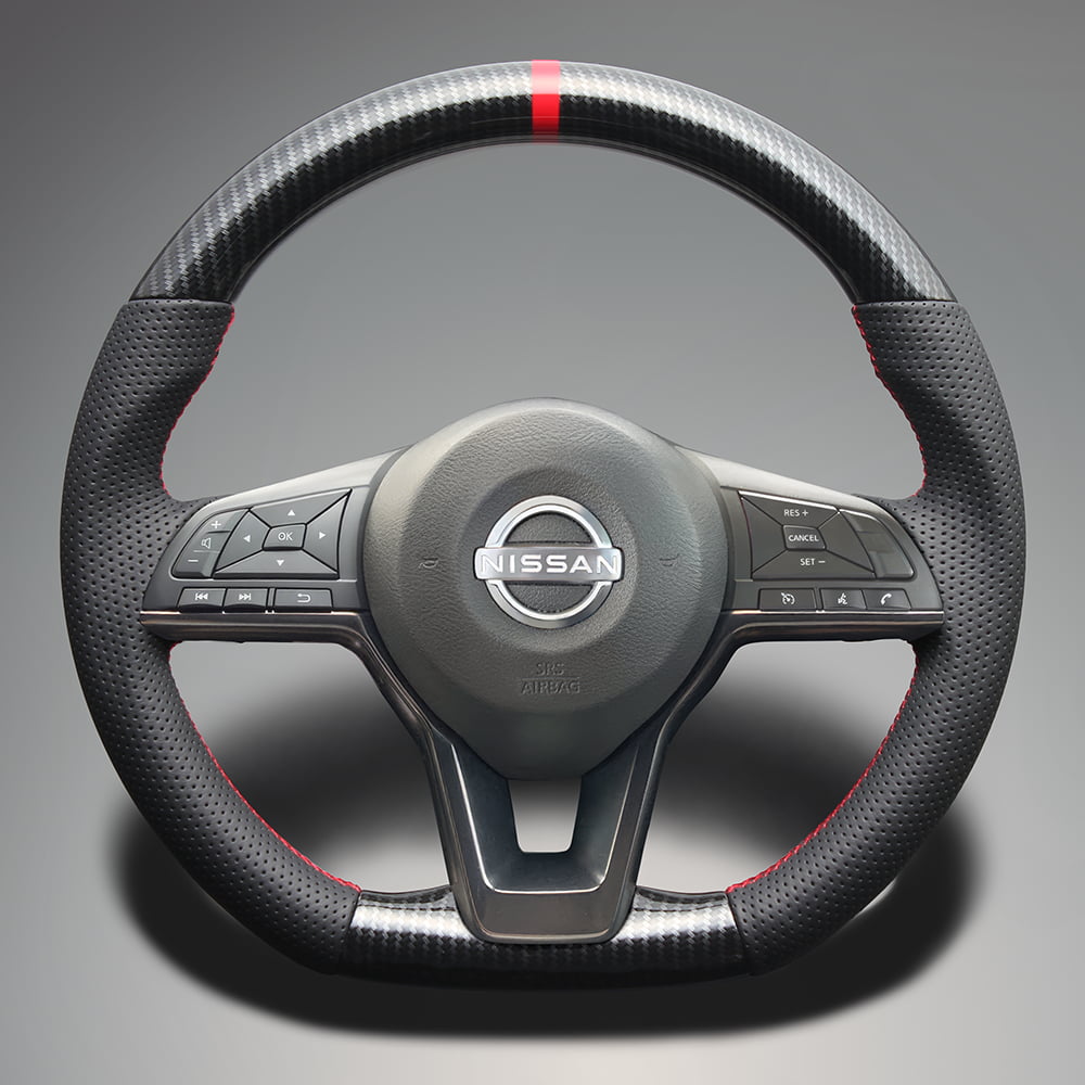 FEGGARI ノート E12 ウッド&レザーステアリング(純正交換) ブラックカーボン調 x ダークグレーレザー x レッドユーロステッチ / LS27CA フェガーリ