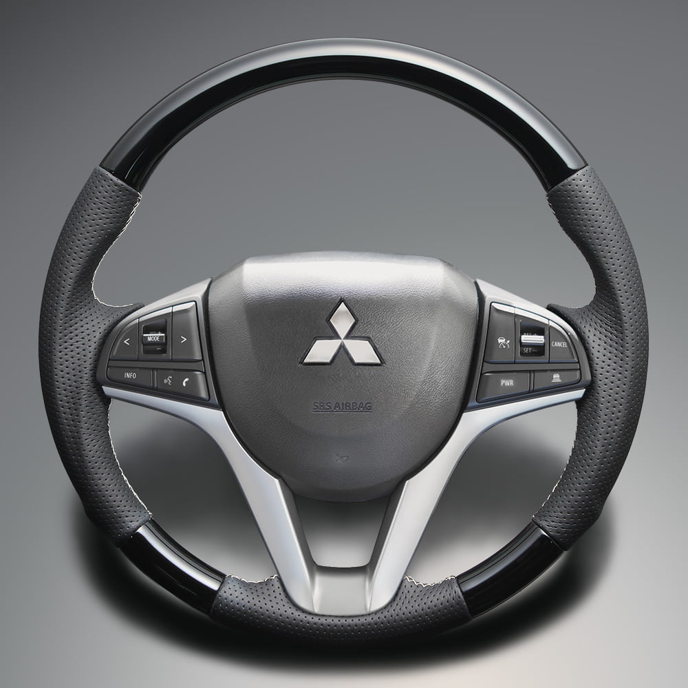 FEGGARI デリカD:2 MB37S ウッド＆レザーステアリング(純正交換) ピアノブラック x PVCレザー(ダークグレー) x シルバー ユーロステッチ / LS281 フェガーリ
