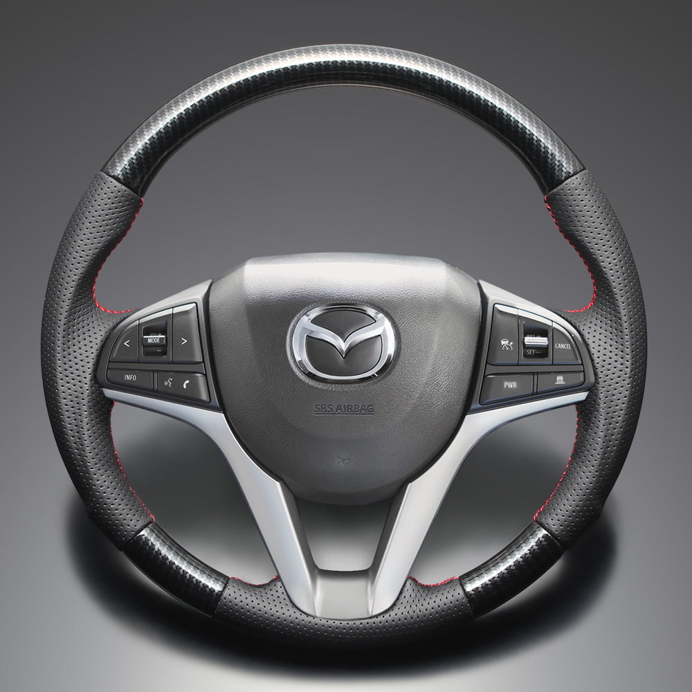 FEGGARI キャロル HB97S ウッド＆レザーステアリング(純正交換) ブラックカーボン調 x PVCレザー(ダークグレー) x レッド ユーロステッチ / LS282 フェガーリ