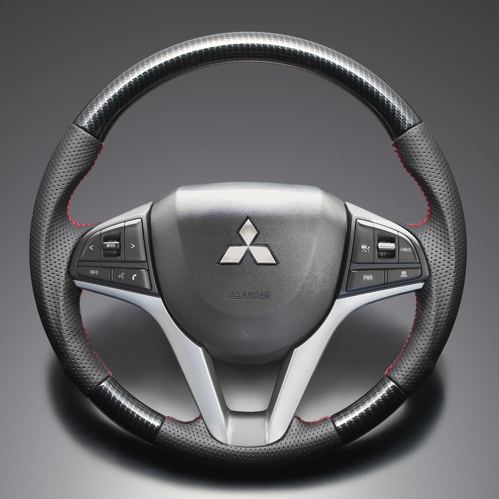 FEGGARI デリカD:2 MB37S ウッド＆レザーステアリング(純正交換) ブラックカーボン調 x PVCレザー(ダークグレー) x レッド ユーロステッチ / LS282 フェガーリ