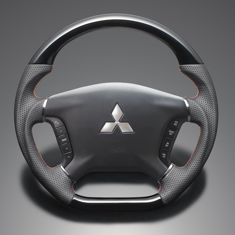 FEGGARI デリカD5 CV系 前期(CV#W) ウッド＆レザーステアリング(純正交換) ピアノブラック x PVCレザー(ダークグレー) x オレンジ ユーロステッチ / LS295 フェガーリ