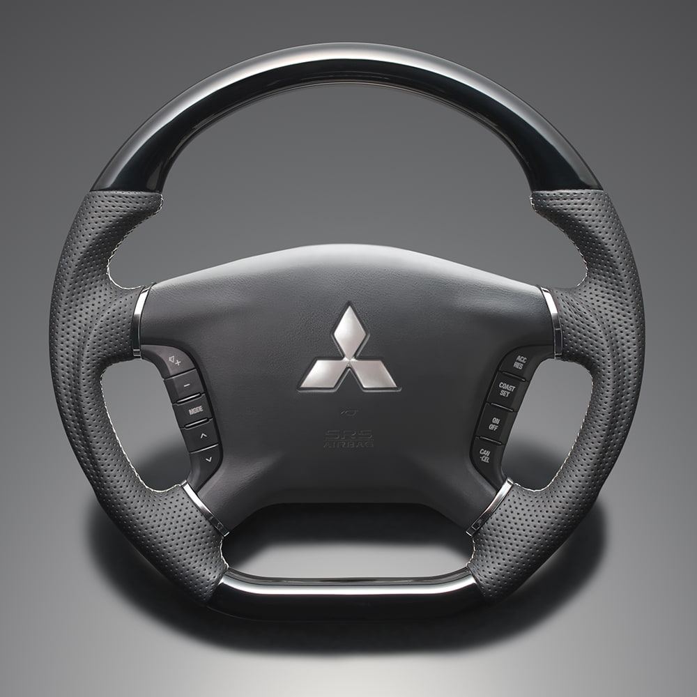 FEGGARI デリカD5 CV系 前期(CV#W) ウッド＆レザーステアリング(純正交換) ピアノブラック x PVCレザー(ダークグレー) x シルバー ユーロステッチ / LS297 フェガーリ