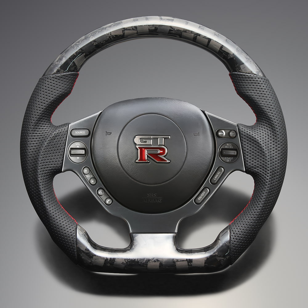 Rakuten - FEGGARI GT-R R35 本革 & フォージッドカーボン ステアリング(純正交換) クリア塗装 レッド ユーロステッチ / LS305 フェガーリ