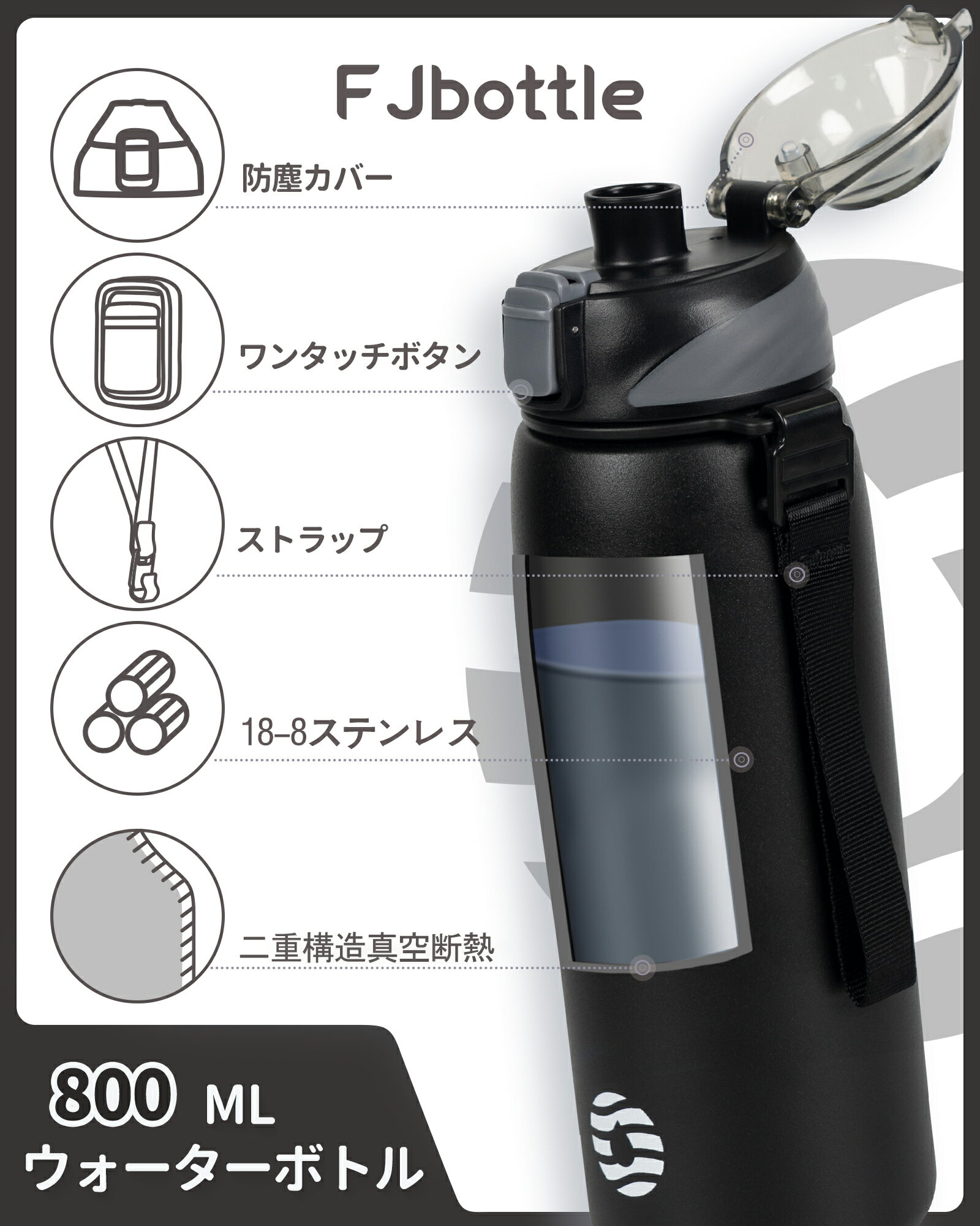 【送料無料】FJbottle 水筒 0.8リットル 真空断熱 ワンタッチ スポーツボトル 1L 保温 保冷 スポーツ飲料対応 広口 洗いやすい ステンレスボトル 水筒カバー 洗浄用スポンジ付き 女の子 男の子 おしゃれ 大人 子供